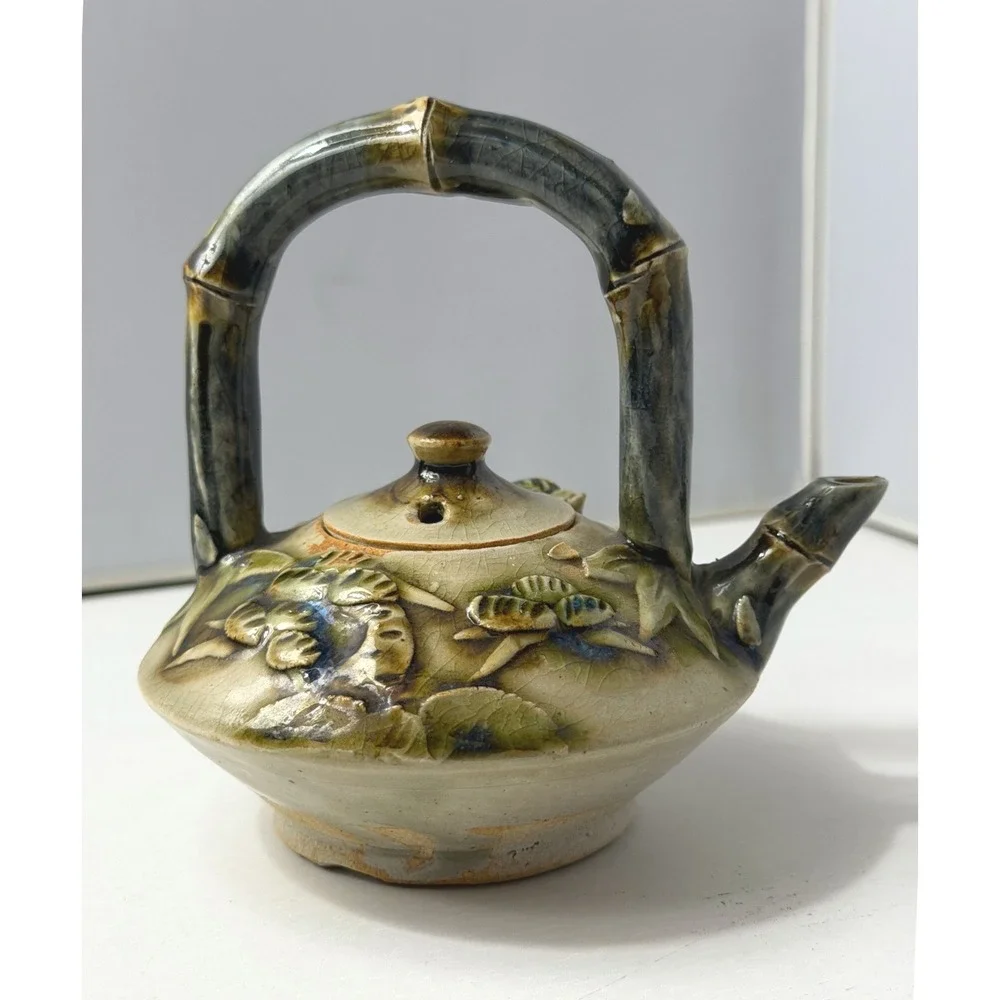 Vintage Ceramic Teapot Cream Green Bamboo Handle Floral Crazed